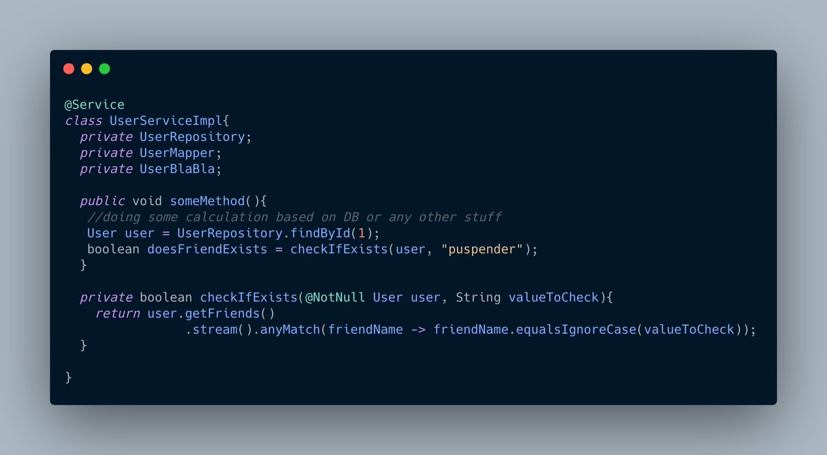 puspendert's tweet image. #springboot #springboottest #UnitTest
If your service method is doing some internal calculation which doesn't require any dependency, then instead of defining that under same class, create a separate class.
Having it under same class makes it hard to unit-test.
continue...