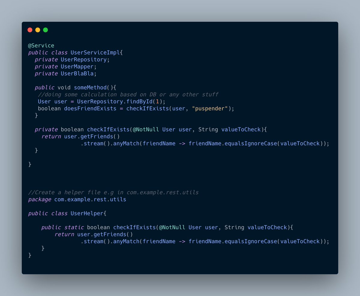 puspendert's tweet image. #springboot #springboottest #UnitTest
If your service method is doing some internal calculation which doesn't require any dependency, then instead of defining that under same class, create a separate class.
Having it under same class makes it hard to unit-test.
continue...