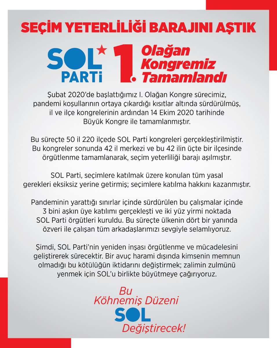 ⭐️

I.Olağan Kongremiz tamamlandı.

Bu süreçte 50 il 220 ilçede SOL Parti kongreleri gerçekleştirilmiştir. SOL Parti, seçimlere katılmak üzere konulan tüm yasal şartları eksiksiz yerine getirmiş; seçimlere katılma hakkını kazanmıştır. 

solparti.org/haber-detay/ar…
