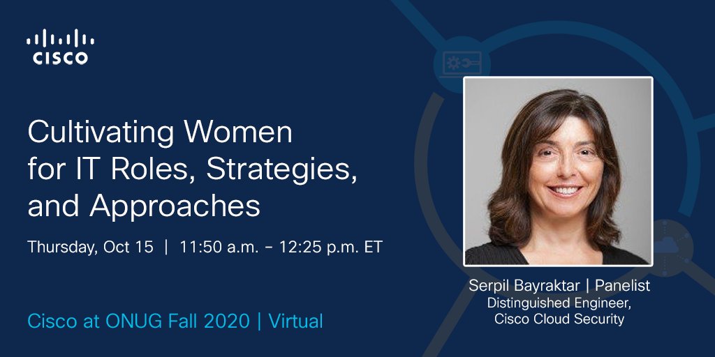CiscoEvents's tweet photo. Bring your questions and join @b_Serpil, hiring managers and HR professionals for a roundtable discussion today on bridging the gender gap in technical roles. #ONUGFall2020 https://t.co/RzUiDsVmZm https://t.co/wgDtlFgenA