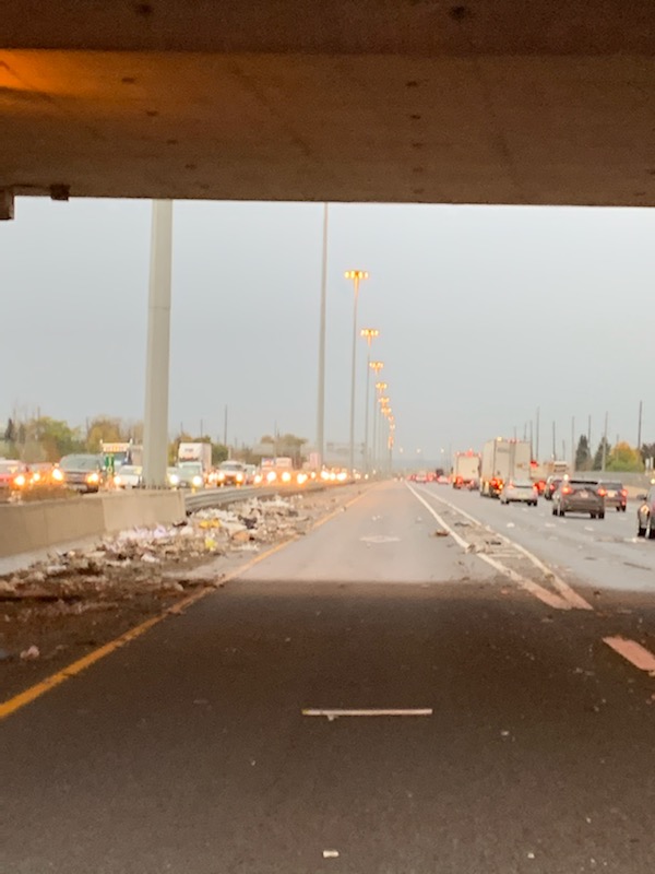 OPP_HSD's tweet photo. Multiple traffic complaints received this morning regarding an erratic Commercial motor vehicle on the #QEW wb in #Burlington. #OPP stopped the vehicle, which had already hit the #WalkersLine overpass, and arrested the driver for impairment by drug. Expect delays in area https://t.co/Ga4ulOOuAd