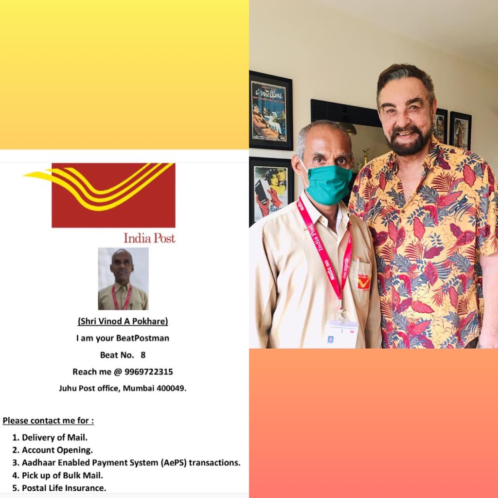 iKabirBedi's tweet photo. KNOW your beat postman and thank them for all they do. Today is #MailsDay during #NationalPostalWeek2020. Let’s salute them and the @IndiaPostOffice for all they have done for us.
I thank my Postman Vinod Pokhara and my Juhu postmaster Ramesh Anjaria.
🙏🙏🙏
#MyPostIndiaPost https://t.co/nynzI4ObUb