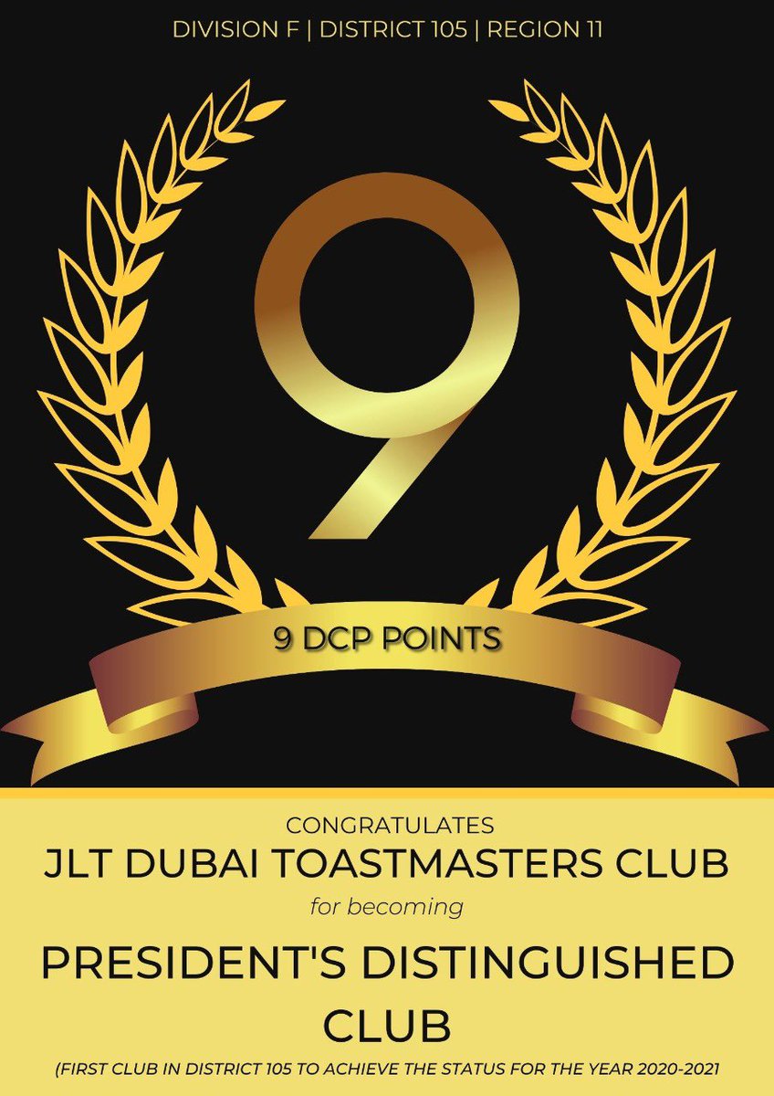 toastmasters_f's tweet photo. Congratulations @ClubJlt and AD52 @rehnaliyu for achieving the President Distinguished Club status in District 105 (first club to achieve the status for the yeat 2020- 2021!!! Amazingggggg news!! https://t.co/zDy7xVnghx