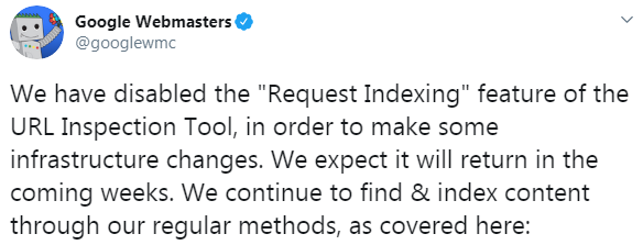 tofiqueshaikh's tweet image. Google have disabled the "Request Indexing" feature of the URL Inspection Tool.
Will be back in the coming weeks.
#Googlewebmaster #searchconsole #webmastertool