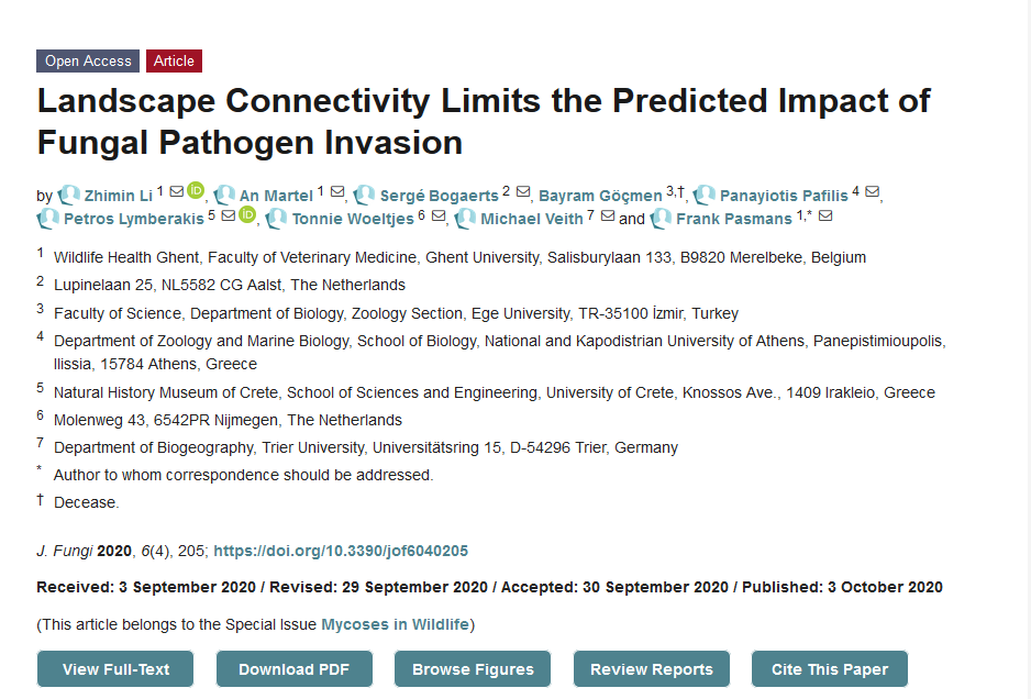 JoF_MDPI's tweet image. &quot;Landscape Connectivity Limits the Predicted Impact of #FungalPathogen Invasion&quot; from Dr. Frank Pasmans
Full text could be seen here: mdpi.com/2309-608X/6/4/…