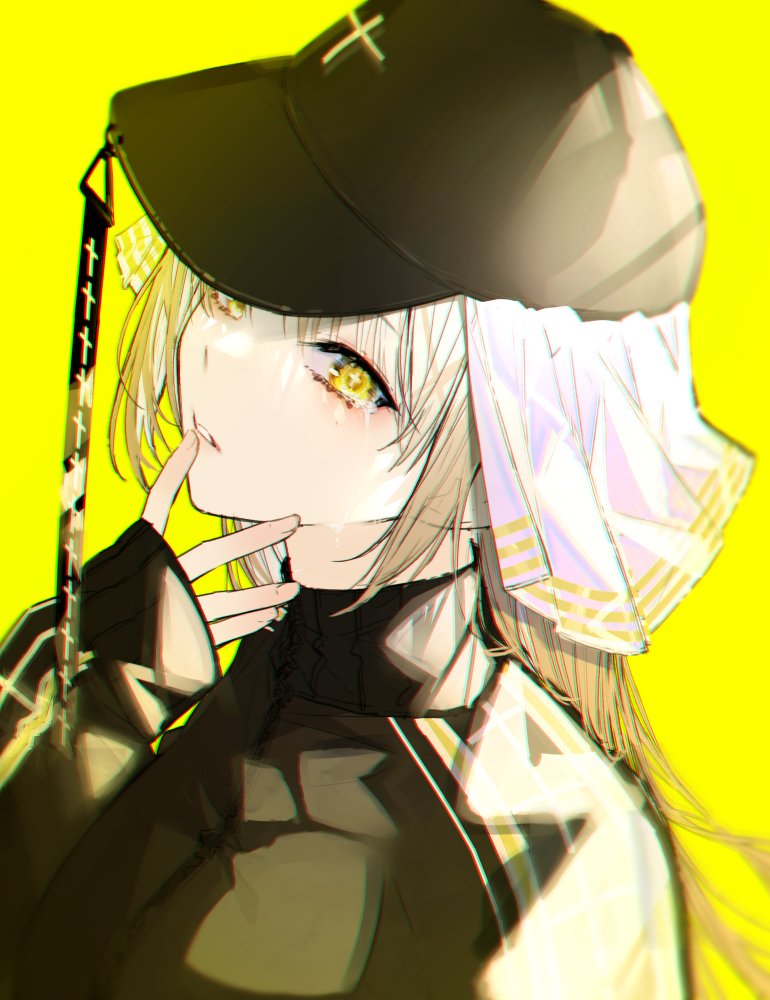 sister cleaire 1girl solo long hair yellow background hat yellow eyes black headwear  illustration images