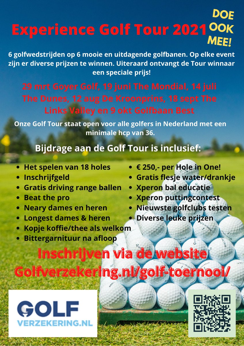 Goed nieuws voor de Golfers onder ons. In 2021 gaat de Experience Golf Tour van start. 6 wedstrijden op 6 uitdagende banen.  En u kunt hierbij zijn.  bit.ly/33fsvQP