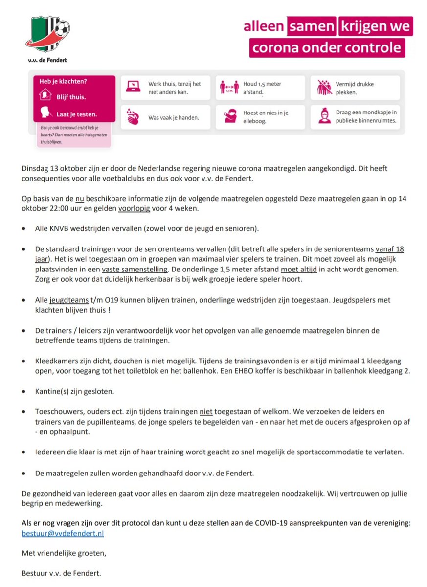 Aanvullende coronamaatregelen per 14 oktober ⬇️

Al onze coronaprotocollen zijn te vinden op onze website via de volgende link: vvdefendert.nl/algemeen/covid… 

Wij hopen op uw begrip. Alleen samen krijgen we corona onder controle!