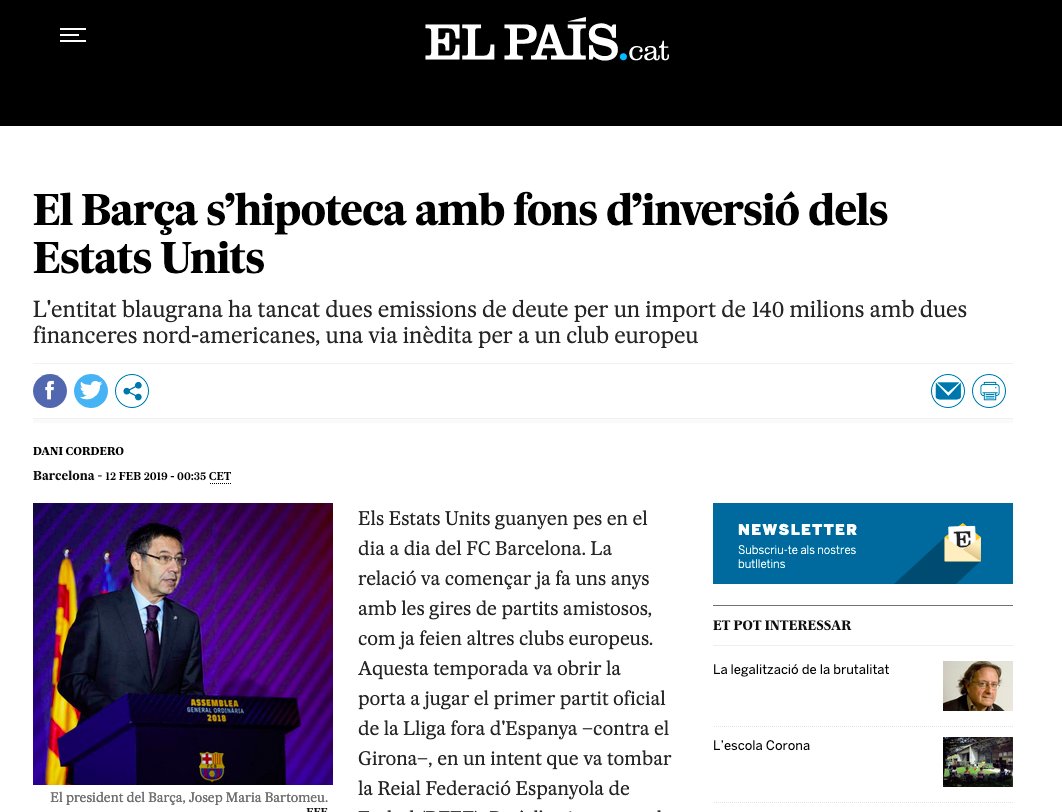 5. Una organització en que de manera sostinguda en el temps, no es genera prou caixa com per satisfer les necessitats de pagament i inversió, només pot sobreviure temporalment en base a deute, i no té una gestió econòmica sostenible.  https://cat.elpais.com/cat/2019/02/11/deportes/1549925481_050407.html