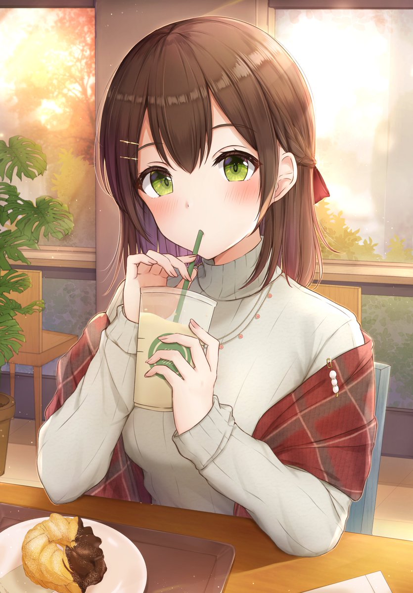 1girl solo green eyes brown hair cup holding drinking straw  illustration images
