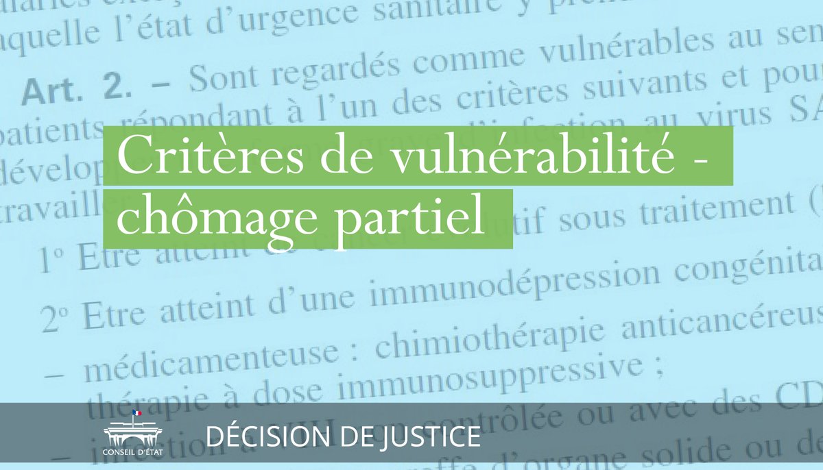 Conseil_Etat's tweet photo. Le juge des référés du Conseil d’État suspend les nouveaux critères de vulnérabilité au #covid19 ouvrant droit au chômage partiel
👉 La restriction des pathologies éligibles par rapport à mai dernier n’est pas cohérente ni suffisamment justifiée
↪️ https://t.co/Nu9he7P6IW https://t.co/9uYxeBLR6l