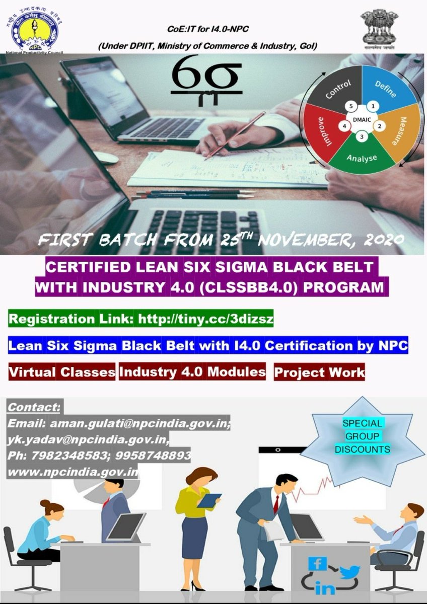 Dear Professionals, Add Six Sigma edge to your career.
Participate in Online @NPC_INDIA_GOV Certified Lean #sixsigma #BlackBelt with #Industry4.0 Program.
First Batch starting from 25th Nov, 2020. Register Here https://t.co/yNNje4RLjZ
#NPC
#npcindia
#npccertificate https://t.co/f6cDsmcZ9K
