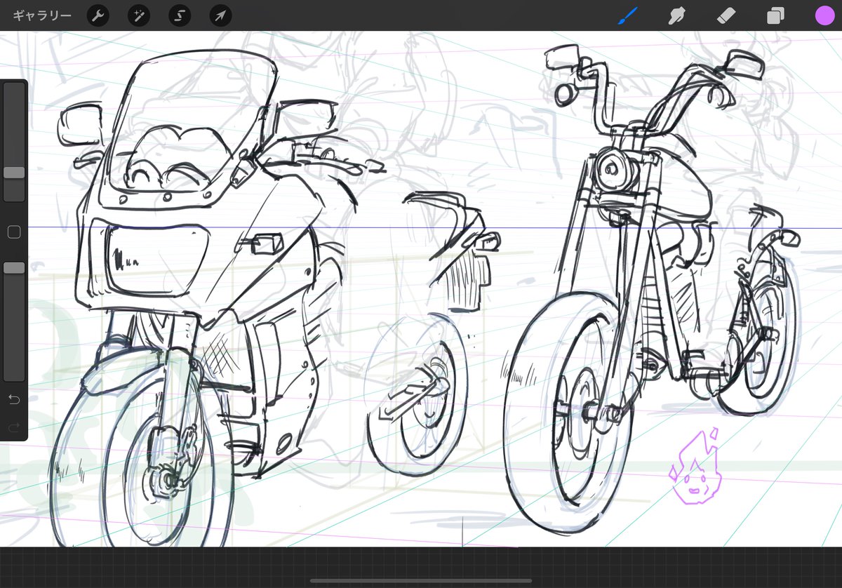 途中。バイク描くの思ったより楽しい 