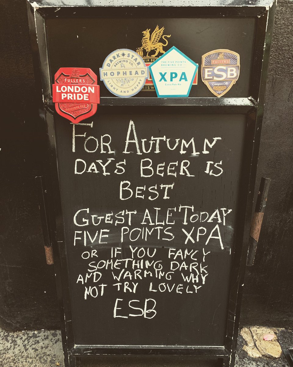 Our blackboards says it all! 
Autumn is the best time to pop in and warm up next to our fireplace and have a pint. Lovely Five points XPA on our pumps alongside with ESB, London Pride and Hophead! 
Can’t wait to see you all!🤩