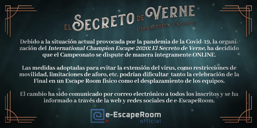 EEscaperoom's tweet photo. 📌Para garantizar la participación en igualdad de condiciones de todos los equipos inscritos, “El Secreto de Verne” se disputará íntegramente ONLINE.

📄https://t.co/jOmM5zceqA https://t.co/uEjCWHbvJE