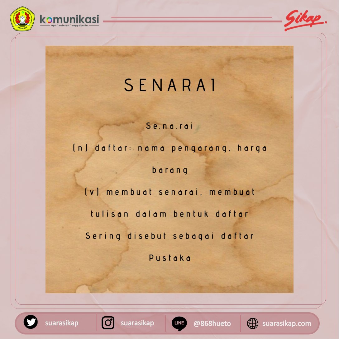 suarasikap's tweet photo. [Kosa Kata Hari Ini]

Teman-teman tahu apa itu daftar pustaka? Apakah kalian tahu senarai? https://t.co/uo8oHyvSHl