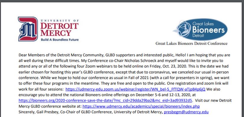 GLBDorg's tweet photo. Please join us Friday, October 23rd, 10 a.m. - 2 p.m., for four Zoom Webinars on #environmental topics, featuring voices from @detmercy  faculty and students, and middle-aged students from Metro Detroit. Learn more and register here: https://t.co/6TOOYpKLb2 1/2 https://t.co/vDOyVCPVkx