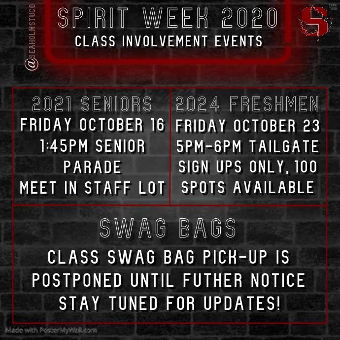 SeahomStuCo's tweet photo. UPDATED Spirit Week Schedule 2020! Starting TOMORROW, show your Seaholm Maples pride by dressing up to theme and participating in class involvement events! Reminders will be posted on our Instagram story the night before each day. We cannot wait for a great week!!🍁❤️☺️ https://t.co/zjwQS7Anhs