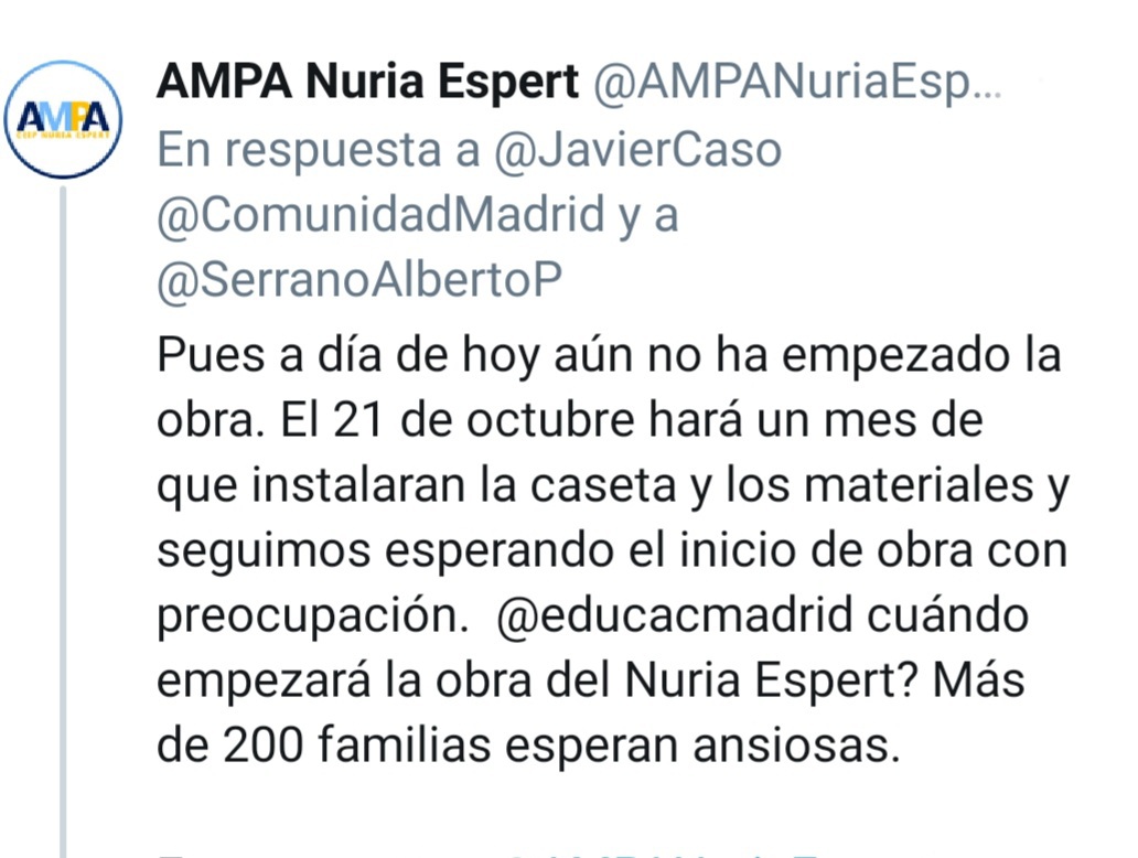 JavierCaso's tweet photo. @IESVdbbYa @HilosValdebebas @AmpaValdebebas @ComunidadMadrid @IdiazAyuso @ignacioaguado 👉 #AVerSiPronto @AlmeidaPP_, @begonavillacis (@MADRID) y @SerranoAlbertoP (@JMDHortaleza) toman cartas en el asunto y preguntan, a quién competa en @educacmadrid, cuando se inicia la obra del #CEIPNuriaEspert de #Valdebebas. 200 familias esperan respuesta https://t.co/3Kbqp8lMXL