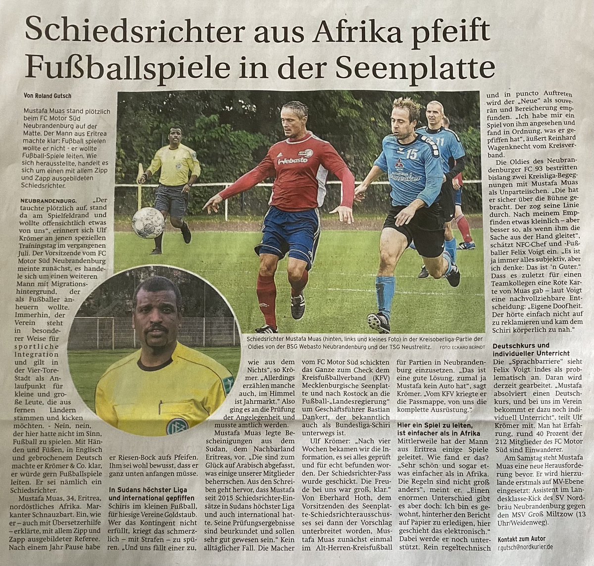 FCMotorNBGDSued's tweet photo. Heute in der aktuellen Ausgabe des @Nordkurier. Wir wünschen dir Mustafa, Alles gute für dein Debüt in der Landesklasse. 👏🏼⚽️🏆 #integrationdurchsport #referee #schiedsrichter https://t.co/bmfdpfIxrg
