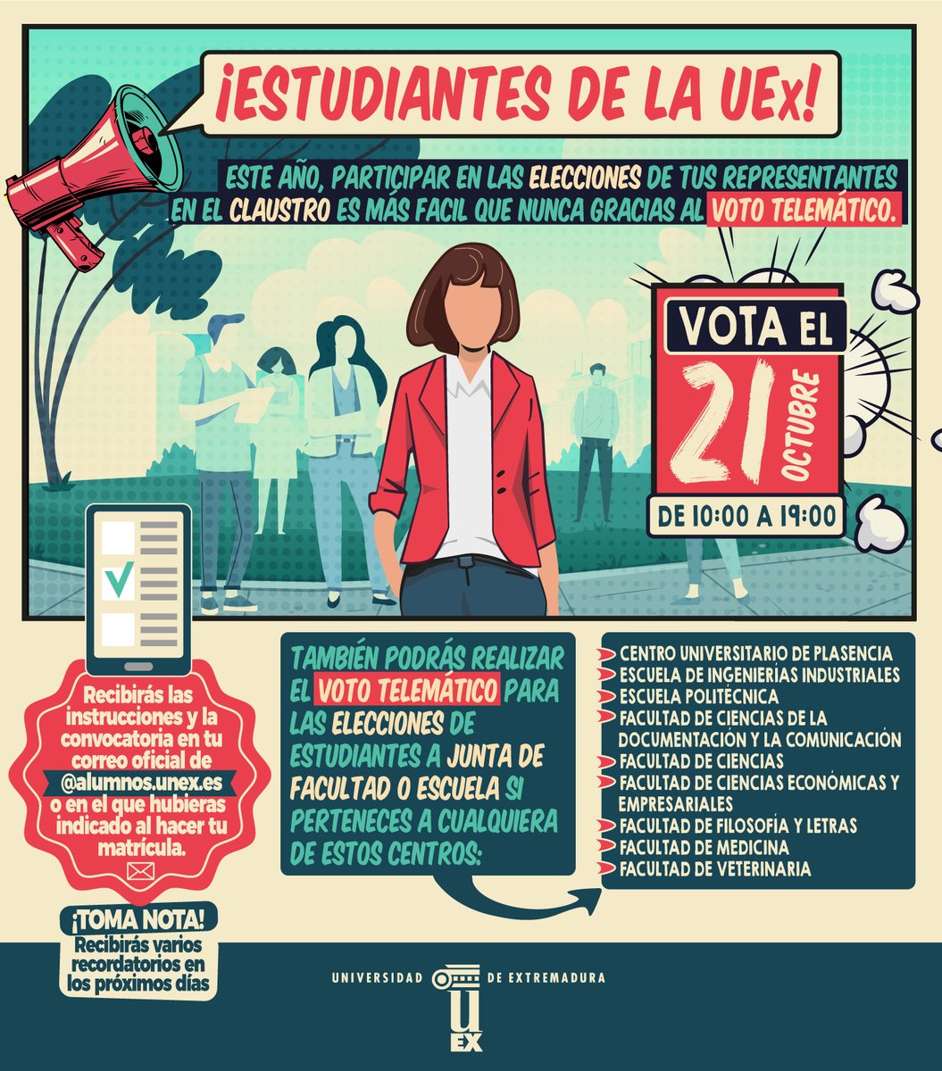 📩 El 21 de octubre los estudiantes de la UEx eligen sus representantes a Claustro.
📧💻 Podrás ejercer tu derecho con el voto electrónico.