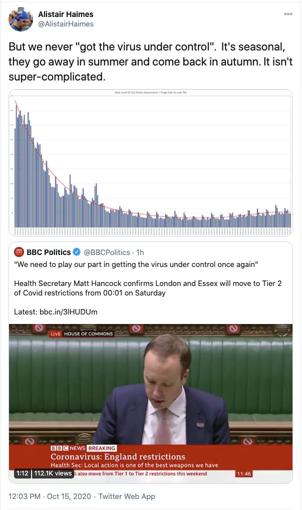 Alistair Haimes in...August: "It's over." September: "No second wave."and today, October: "But we never got the virus 'under control'."