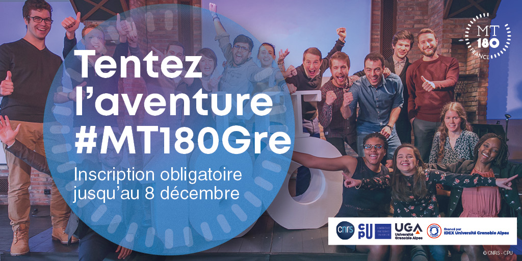 #MT180 les inscriptions de l'édition 2021 sont ouvertes.
Tentez l'aventure et relevez le défi de présenter votre thèse en 3 minutes !
doctorat.univ-grenoble-alpes.fr/fr/pendant-la-…