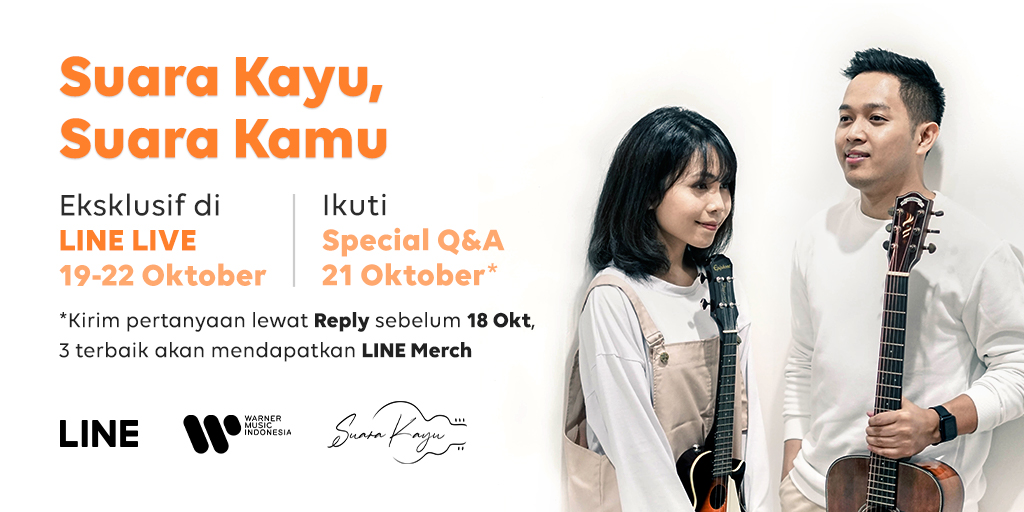 Halo Sahabat LINE! 😄

<a href="/suarakayu/">SUARA KAYU Official</a> akan ngadain Special Q&amp;A Eksklusif di LINE LIVE tgl 21 Oktober nanti lho! ✨

Buat kamu yang mau kirim pertanyaan ke <a href="/suarakayu/">SUARA KAYU Official</a>, reply tweet ini sebelum tgl 18 Oktober ya! 💡

Tiga pertanyaan terbaik bakal dapet LINE Merchandise 😉
<a href="/WarnerMusicID/">WarnerMusicID</a>