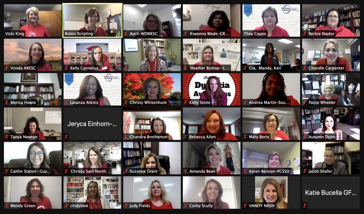 ArkansasEd's tweet image. Are you wearing your red today? It's Wear Red for Dyslexia Day! Check out this screenshot from DESE's Vicki King of a meeting she held with dyslexia specialists from education service cooperatives around the state! To share your photos with us, use the hashtag #ARStudentFocused.