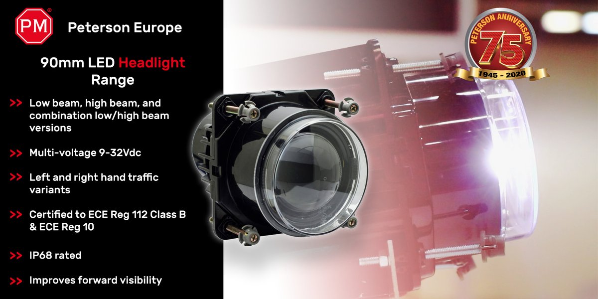 Our 90mm headlight range consists of low and high beam single function lights &amp; combination low/high beam lights, with left- &amp; right-hand variants.  Find out more > bit.ly/PM-Headlights
 
#PetersonEurope #LEDLighting #VehicleLighting #SafetyLighting #Headlights #Logistics