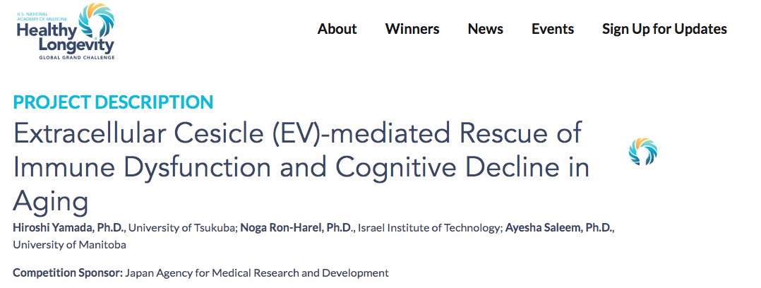 Excited to be one of the winners of the #HealthyLongevity Catalyst Award. Our team: Dr. Hiroshi Yamada (U of Tsukuba, Japan), Dr. Noga Ron-Harel (Israel Institute of Technology, Israel) & me. Project: use young #EVs to rescue immune dysfunction + cognitive decline with age