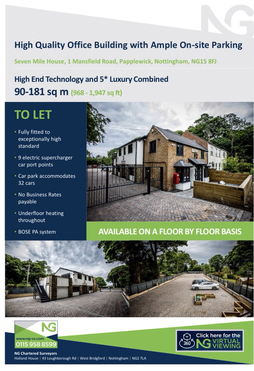 NGChartSurv's tweet photo. 🟢 Property of The Week 🟢

Seven Mile House is 1,974 sq ft of Grade A office space situated in Papplewick, Nottingham.

The property includes: 
- Underfloor heating
- 9 Electric car charging points
- Bose PA System
- Temperature controlled rooms 

Contact @LandaSunny for details https://t.co/ZkR1rHzxlr