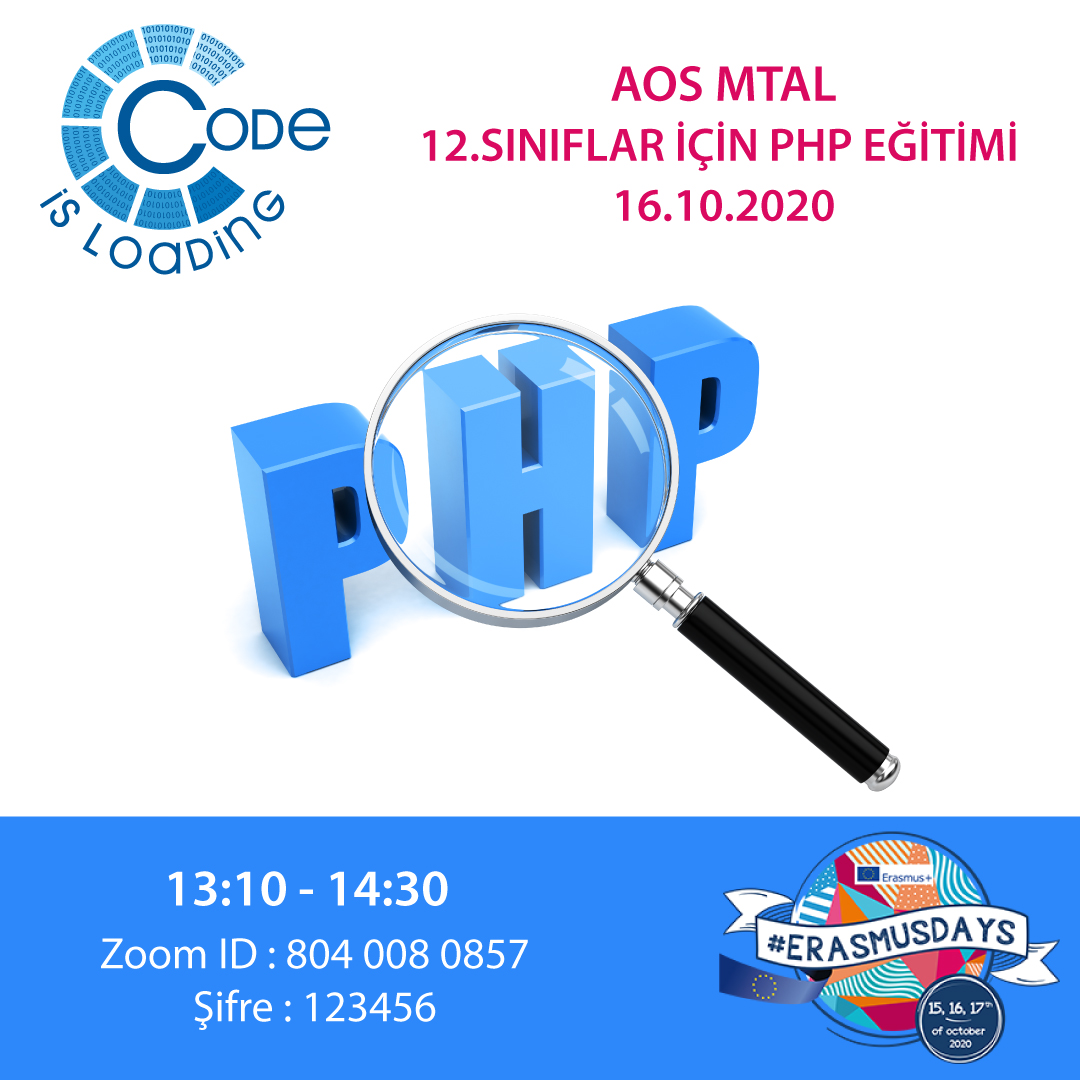 🔹Other erasmusdays activity from Code is loading project!  PHP Training 
🔹Code is loading projesinden #erasmusdays için ikinci etkinlik! PHP Eğitimi
Tüm ilgilileri bekliyoruz. 
<a href="/ulusalajans/">Türkiye Ulusal Ajansı 🇹🇷 Turkish NA</a> <a href="/bursailmemarge/">Bursa İl Millî Eğitim AR-GE</a> @bursailmem  <a href="/aosmtal/">Ali Osman Sönmez ATL</a> @erasmusdays2020  #ErasmusDays