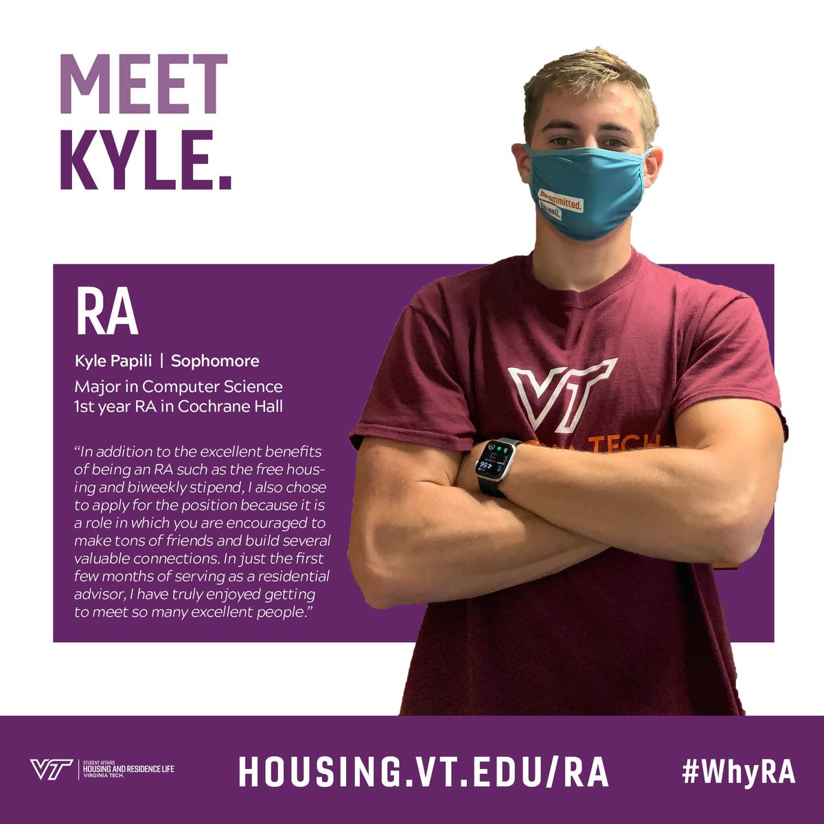 VTResidential's tweet photo. Meet Resident Advisor Kyle Papili, a 1st year RA in Cochrane Hall! Apply now to become an RA for 2021-22! Head to https://t.co/uooPen8sga
#WhyRA #VTHRL #VirginiaTech #ResidentAdvisor https://t.co/oM5UJs4G3O