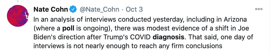 A1. Debate + Trump CoVid diagnosis: together appear to have given Biden 3-4% bump. Post-debate polls showed him likely to get 1-1.5% bump, and some pollsters found that Biden polled better after announcement of Trump diagnosis and hospitalization.