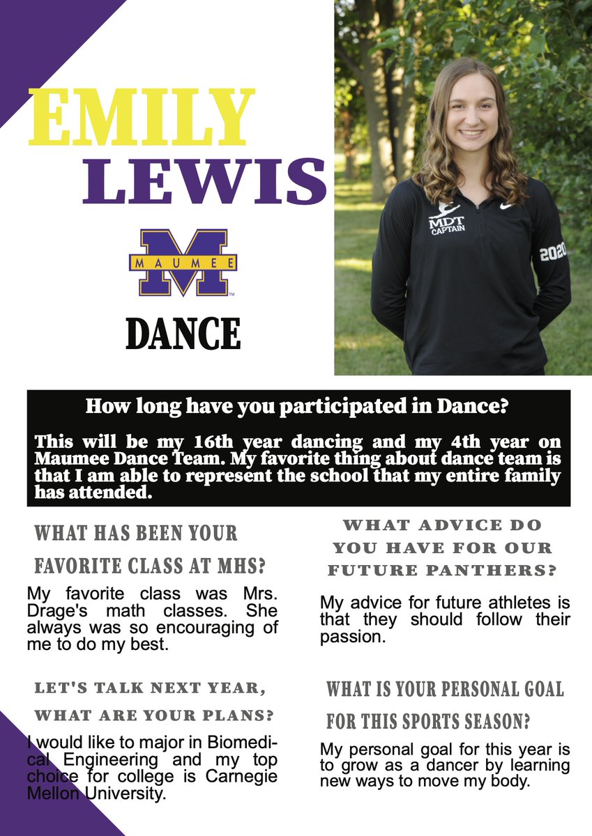 Wishing our seniors the best of luck in their final fall season 💜💛 Meet Emily Lewis💜💛 #ClassOf2021 #WeAreMaumee #PantherFamily #MaumeeStrong