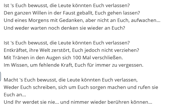 Danke an <a href="/monasterium/">Monasterium</a> für dieses sehr berührende Gedicht eines mir unbekannten Poeten. 

"Ist 's Euch bewusst, die Leute könnten Euch verlassen?"
#Russland #Kultur #Poesie

Übersetzung von <a href="/RussiaGoto/">GoToRussia</a>