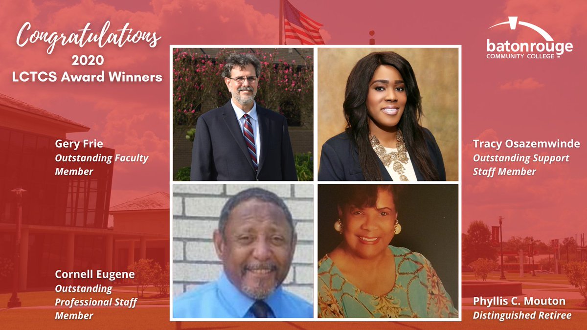MyBRCC's tweet photo. #MyBRCC is proud to share our 2020 @golctcs award winners. Congratulations:
-Gery Frie, Outstanding Faculty Member
-Cornell Eugene, Outstanding Prof. Staff Member
-Tracy Osazemwinde, Outstanding Support Staff Member
- Phyllis Mouton, Distinguished Retiree
https://t.co/6UYMCgwcdE https://t.co/HAPKj5l0TP