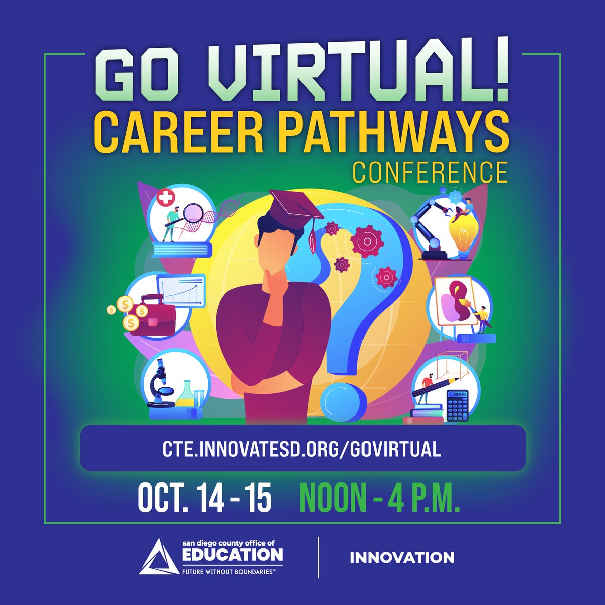 JewylAlderson's tweet photo. We will kick off the second day of the Go Virtual! Career Pathways conference at noon today. Sessions will be recorded and archived so you can keep coming back for more. It's free and there's still time to register! #GoVirtualCTE #innovateSD @SanDiegoCOE https://t.co/cJj3ZaG7F1 https://t.co/dzhuRKlu0T