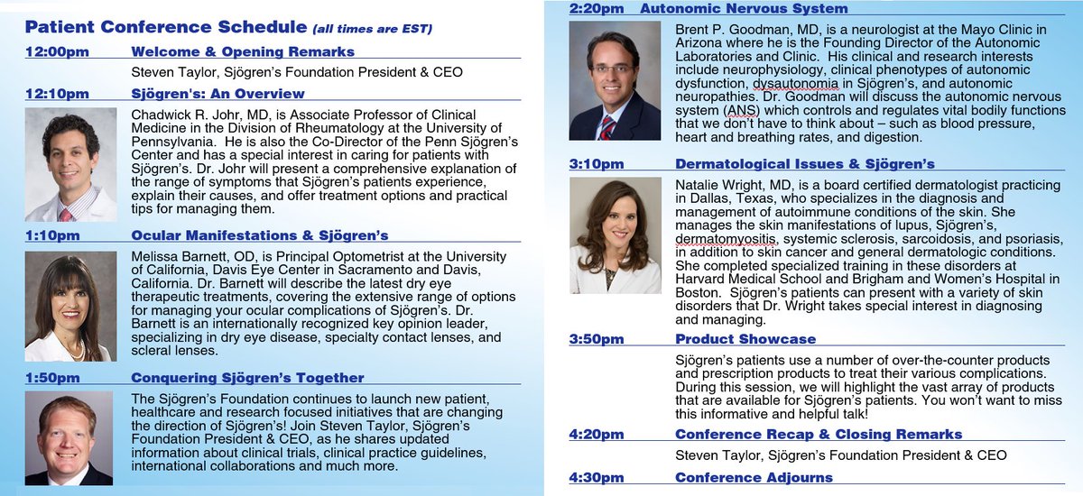 Please join us, November 7th, for a one-day virtual patient conference. This educational experience will help you take control of your health while you learn how to manage and understand your Sjögren’s symptoms and complications from leading experts. 

sjogrens.org/2020-virtual-o…