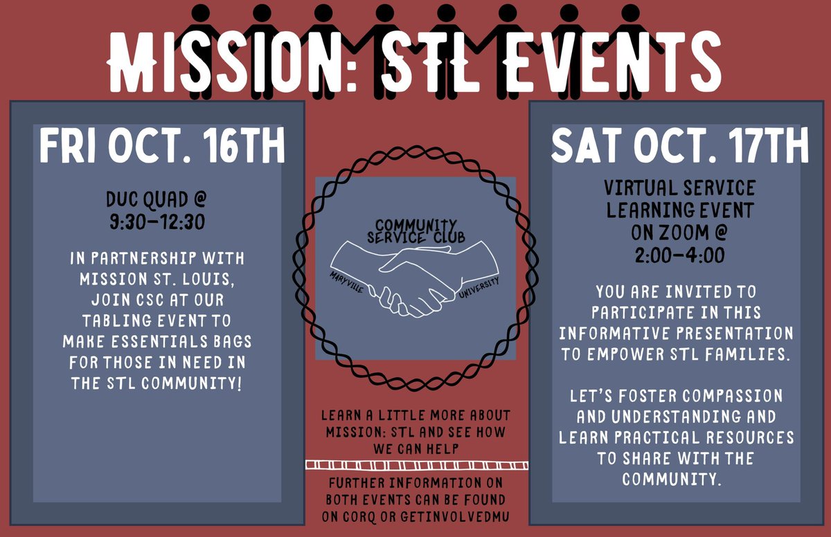 Join us this weekend in partnership with Mission: STL!! Tomorrow will be the tabling event on the DUC Quad from 9:30-12:30and the Virtual Service Learning Event on Saturday will be from 2-4. Hope to see y’all there!!