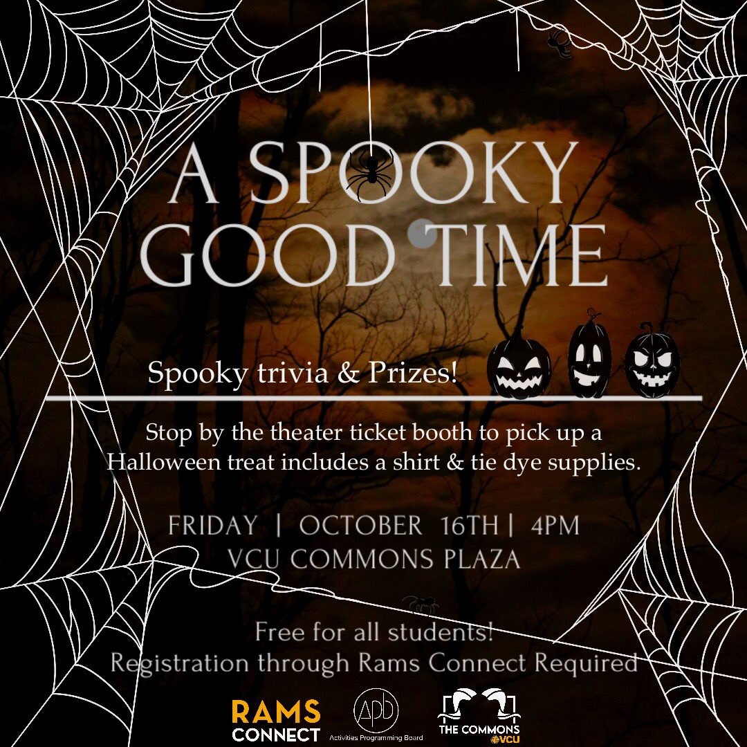 Tomorrow October 16th starting at 4pm, stop by the Commons Theater ticket booth to get a Halloween treat from APB! This will include a tie-dye kit and some snacks. Also, those that come by can participate in spooky trivia to win MORE PRIZES! Use the link in our bio to register!