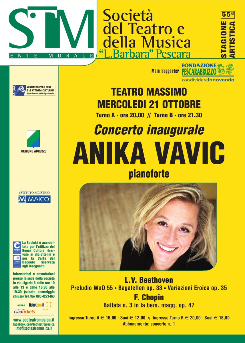 Mercoledì 21 ottobre 2020, la pianista viennese Anika Vavic aprirà la nuova stagione di concerti della Società del Teatro e della Musica "Luigi Barbara"
socteatromusica.it/events/anika-v…