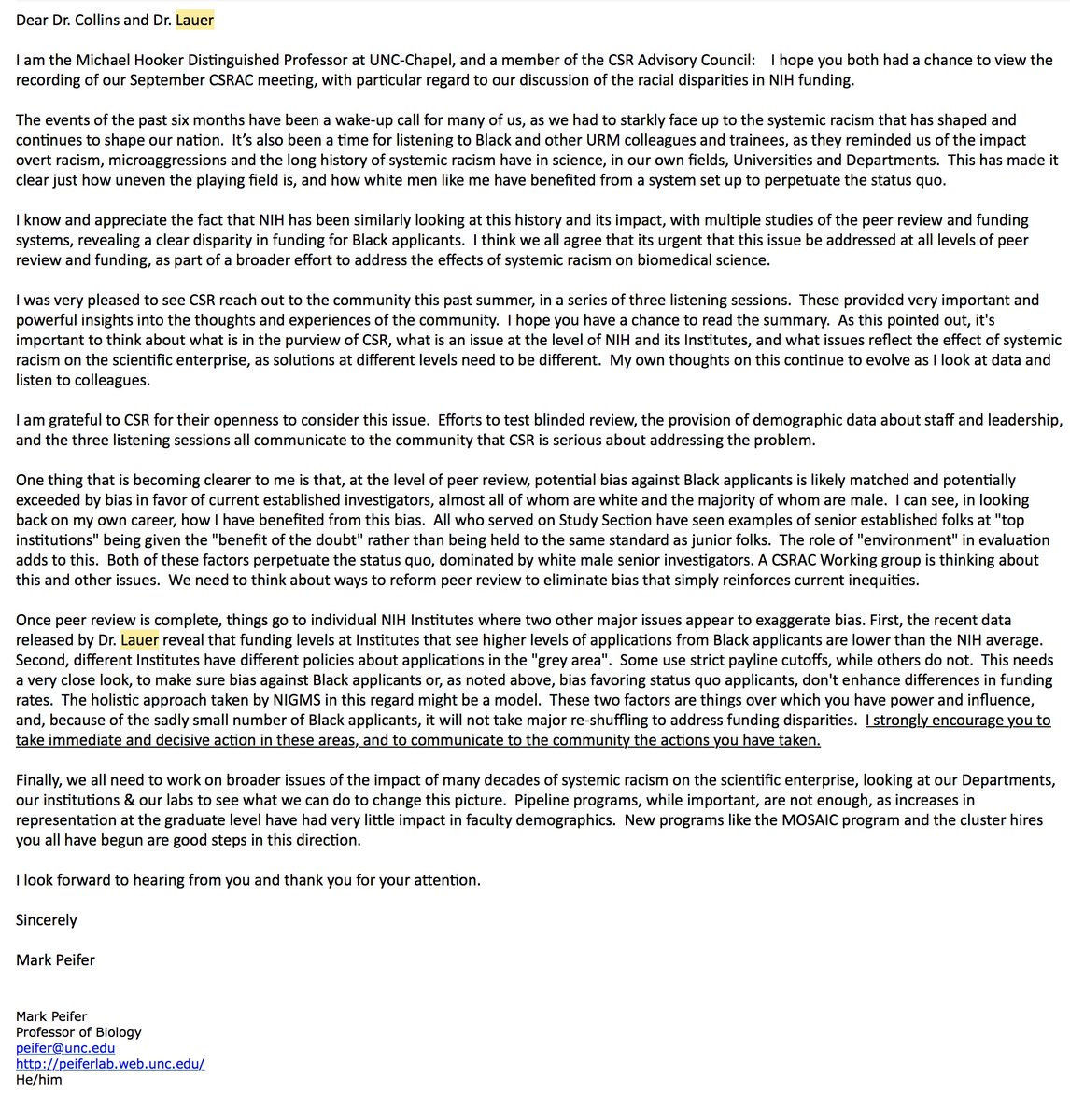 Dear Dr. Collins  @NIHDirector and Dr. Lauer  @NIHgrants --I am a member of the  @CSRpeerreview Advisory Council. A week has passed since I sent the letter below to each of you and I am still awaiting a response 1/21