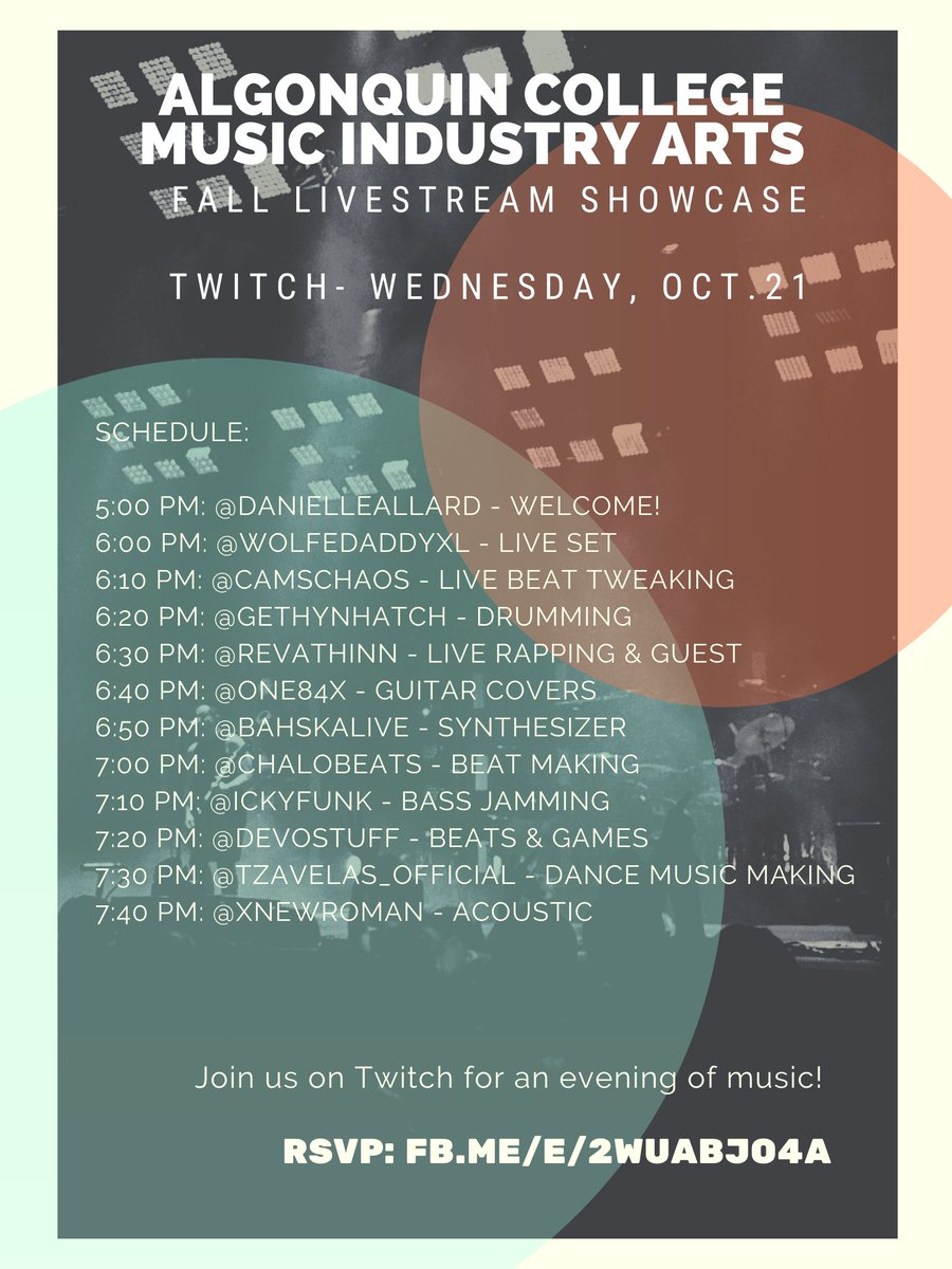 Danielle Allard (@daniellejallard) on Twitter photo Friends! My students and I have been working hard to prepare for a big <a href="/AlgonquinColleg/">Algonquin College</a> <a href="/AlgonquinMIA/">Music Industry Arts</a> #livestream showcase on #Instagram & #Twitch! Please join us Oct. 20-22 & share!
Here is the full hyperlinked schedule:
docs.google.com/.../1v0seyQO4Y…
RSVP: fb.me/e/2WuAbjo4A Friends! My students and I have been working hard to prepare for a big <a href="/AlgonquinColleg/">Algonquin College</a> <a href="/AlgonquinMIA/">Music Industry Arts</a> #livestream showcase on #Instagram & #Twitch! Please join us Oct. 20-22 & share!
Here is the full hyperlinked schedule:
docs.google.com/.../1v0seyQO4Y…
RSVP: fb.me/e/2WuAbjo4A