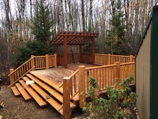 MH_WoodS's tweet image. A log deck, railing, stairs and gazebo built for a long time client near High Prairie,AB  #logbuilder #logdeck #gazebo