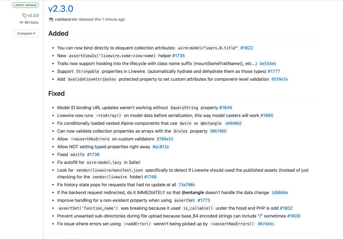 calebporzio's tweet image. 🚀 Pretty big @LaravelLivewire release today v2.3.0
A few big features and lots of little fixes
github.com/livewire/livew…