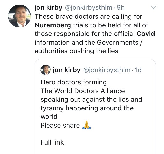 A little more on the anti-lockdown movement and its far right links:1/3 The newly formed “World Doctors Alliance” is calling for “Covid Nuremberg trials”. They’re equating lockdown measure Nazi crimes against humanity - which is a form of Holocaust minimisation.