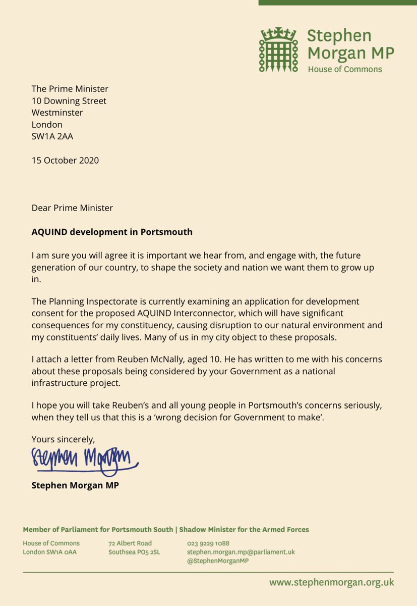 Reuben, aged 10, wrote to me this week setting out so well why many of us are opposing the AQUIND plans. It’s really important that decision-makers hear from the future generation. With his permission, I had to send his excellent letter to the Prime Minister👇🏻