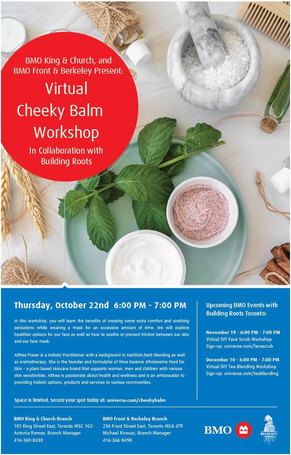 Join us for our upcoming DIY Cheeky Balm virtual workshop and explore healthier options for our face as well as how to soothe and prevent friction between our skin and our face mask 🌱🌾 #bmogrowthegood 
Registration link below:
universe.com/events/bmo-and…